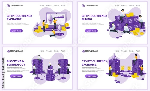 Set of web page design templates for block chain technology and Cryptocurrency concept. Can use for web banner, poster, infographics, landing page, web template. Flat vector illustration