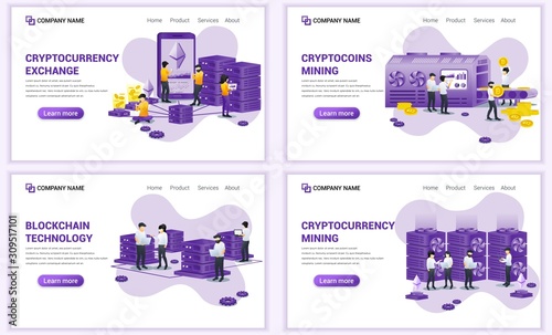 Set of web page design templates for block chain technology and Cryptocurrency concept. Can use for web banner, poster, infographics, landing page, web template. Flat vector illustration