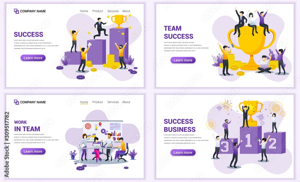 Set of web page design templates for business, success business and team work. Can use for web banner, poster, infographics, landing page, web template. Flat vector illustration