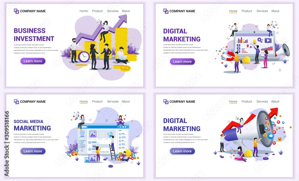 Set of web page design templates for digital marketing and investment. Can use for web banner, poster, infographics, landing page, web template. Flat vector illustration