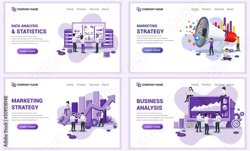 Set of web page design templates for business analysis and marketing strategy. Can use for web banner, poster, infographics, landing page, web template. Flat vector illustration