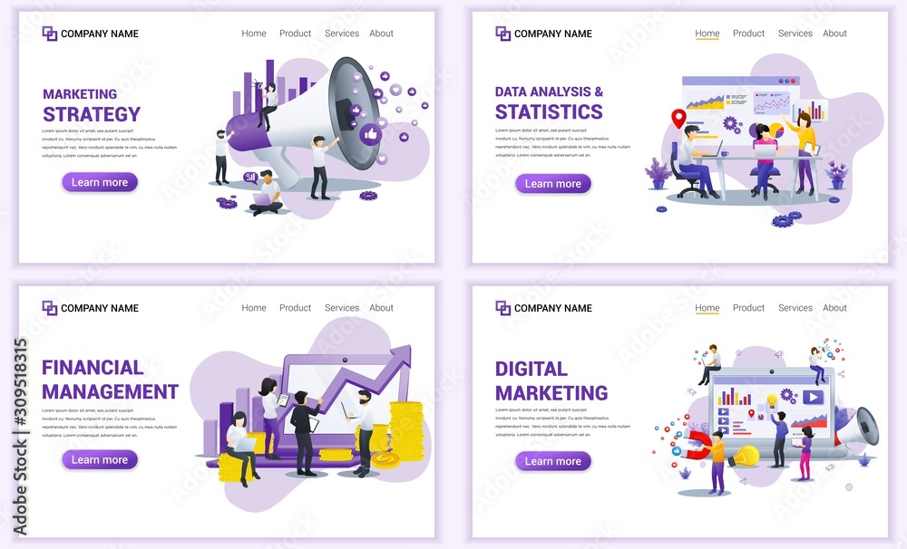Set of web page design templates for business analysis, financial, marketing strategy. Can use for web banner, poster, infographics, landing page, web template. Flat vector illustration