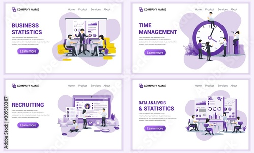 Set of web page design templates for business analysis and statistics, time management, recruiting. Can use for web banner, poster, infographics, landing page, web template. Flat vector illustration