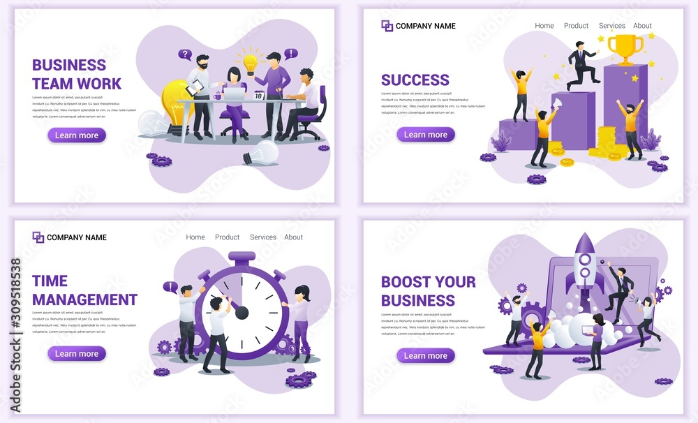 Set of web page design templates for startup business, team work and time management. Can use for web banner, poster, infographics, landing page, web template. Flat vector illustration
