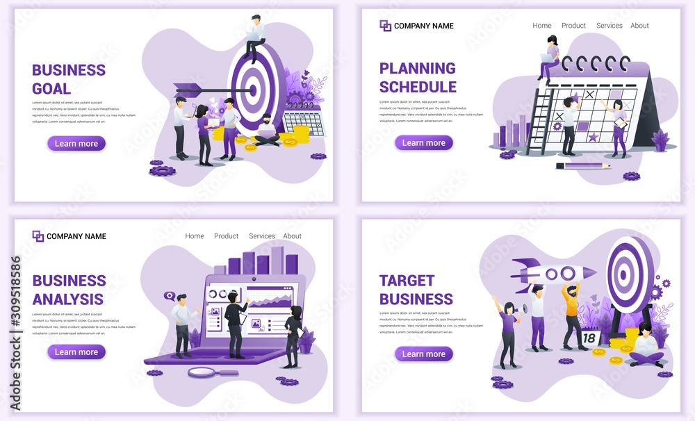 Fototapeta premium Set of web page design templates for target business, analysis and planning schedule. Can use for web banner, poster, infographics, landing page, web template. Flat vector illustration