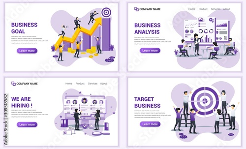 Set of web page design templates for business analysis  business target and goal  recruiting. Can use for web banner  poster  infographics  landing page  web template. Flat vector illustration