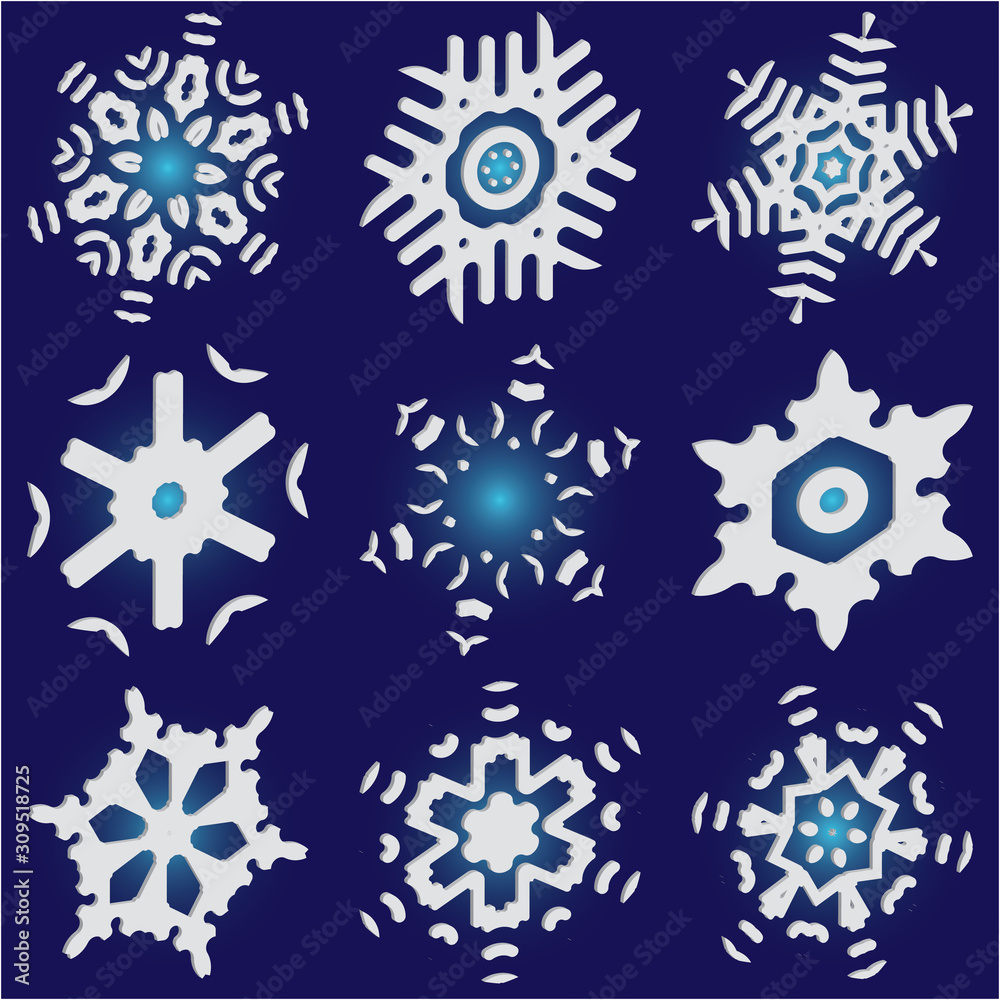 Set of isolated falling snowflakes on blue background. Set of isolated falling snowflakes on blue background.
