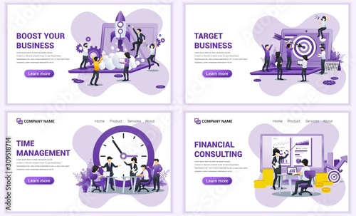 Set of web page design templates for startup, time management, target business, financial consult. Can use for web banner, poster, infographics, landing page, web template. Flat vector illustration