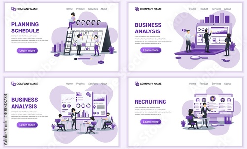 Set of web page design templates for planning schedule, analysis and statistics, recruiting. Can use for web banner, poster, infographics, landing page, web template. Flat vector illustration