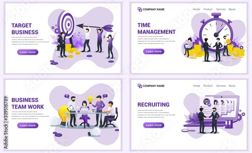 Set of web page design templates for target business, time management, team work, recruiting. Can use for web banner, poster, infographics, landing page, web template. Flat vector illustration