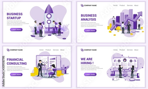 Set of web page design templates for business startup, analysis, hiring and financial consulting. Can use for web banner, poster, infographics, landing page, web template. Flat vector illustration