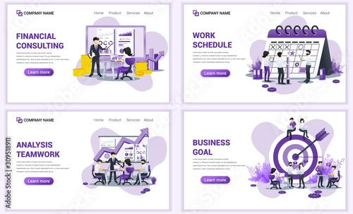 Set of web page design templates for financial consulting and analysis, business goal, schedule. Can use for web banner, poster, infographics, landing page, web template. Flat vector illustration