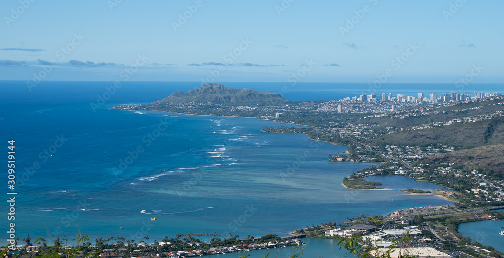Ariel view of Honolulu and Diamond head monument.