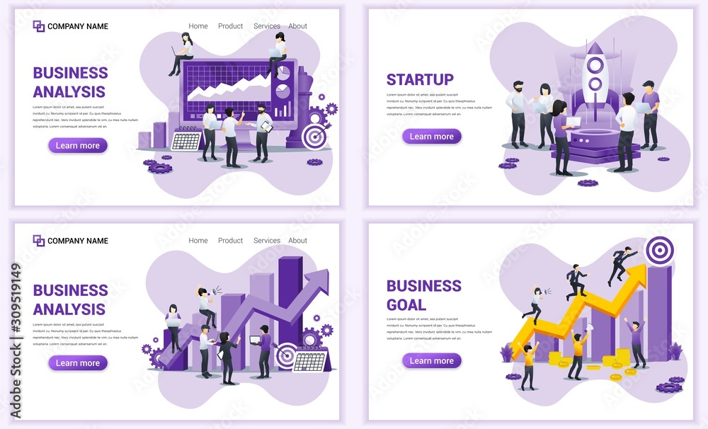Set of web page design templates for business analysis, business goal, startup. Can use for web banner, poster, infographics, landing page, web template. Flat vector illustration Set of web page design templates for business analysis, business goal, startup. Can use for web banner, poster, infographics, landing page, web template. Flat vector illustration