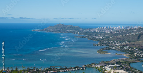 Ariel view of Honolulu and Diamond head monument.