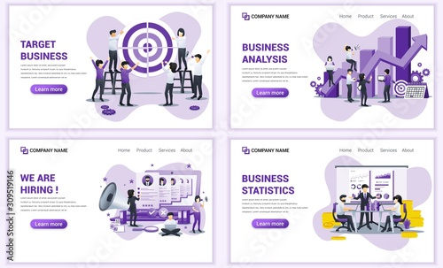 Set of web page design templates for target business, hiring, analysis and statistics. Can use for web banner, poster, infographics, landing page, web template. Flat vector illustration