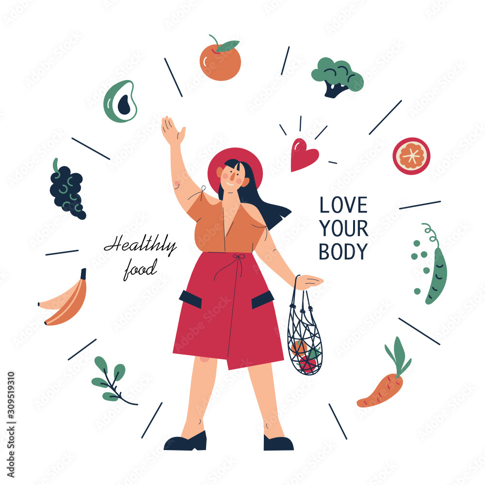 Body positive. Love your body. Healthy lifestyle. Happy plus size woman and  active lifestyle. Flat cartoon style vector illustration. Stock Vector |  Adobe Stock