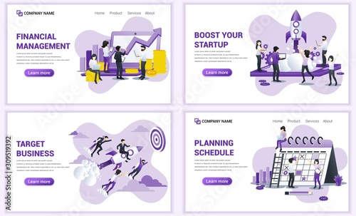 Set of web page design templates for target business, startup, financial management. Can use for web banner, poster, infographics, landing page, web template. Flat vector illustration