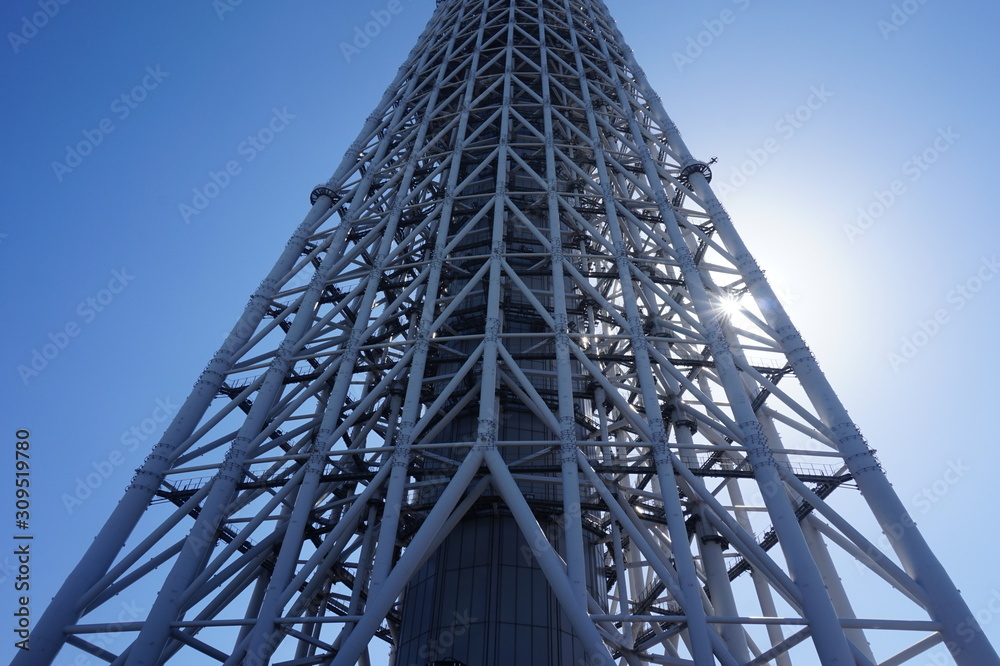 A part of Japan Tokyo sky-tree tower building with blue sky A part of Japan Tokyo sky-tree tower building with blue sky