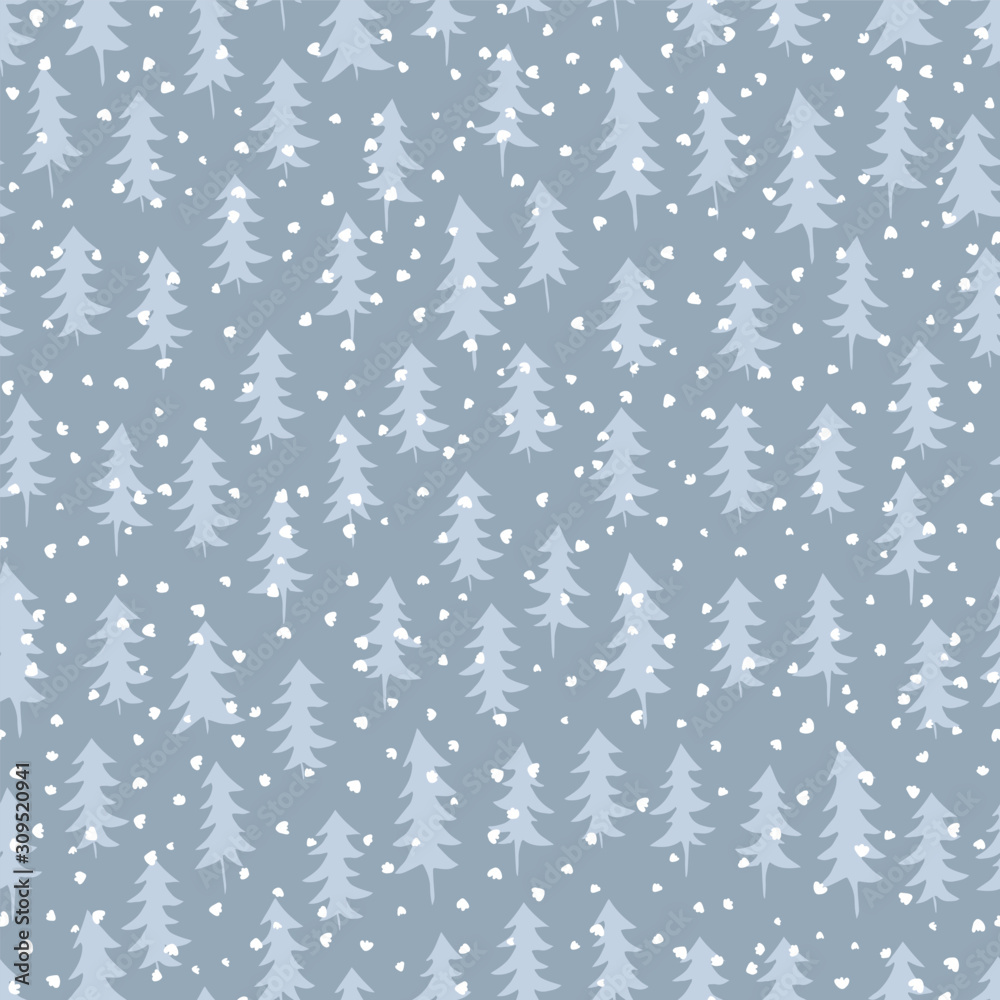 Seamless pattern with winter spruce forest drawn in monochrome colour. Surface design for wintery holiday and children collection.
