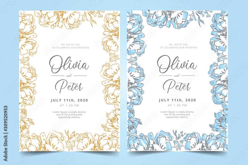 wedding invitation card template with golden flower floral background. Vector illustration.