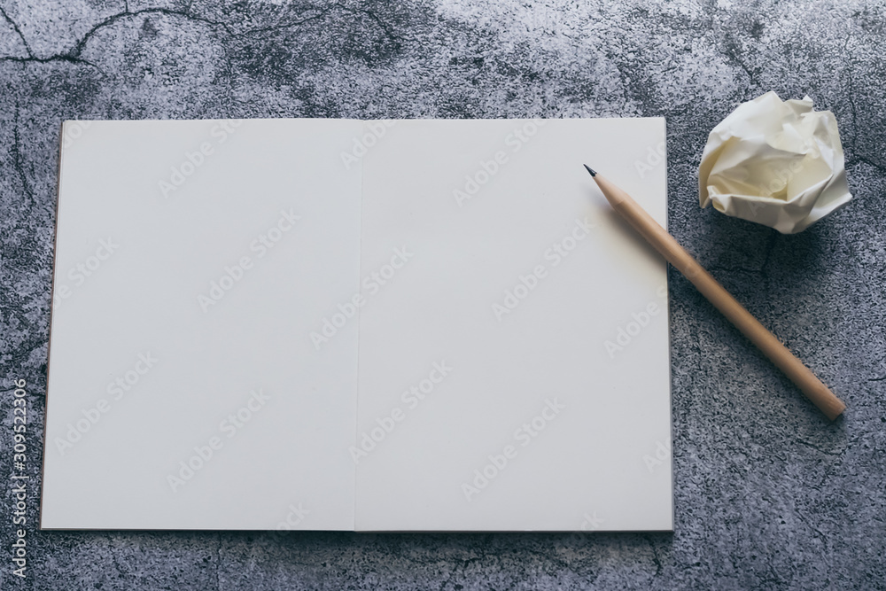 White blank page of notebook, diary or journal with pencil for writing text  or message and ideas on concrete background with copy space. Minimalism  lifestyle of business and education concept Stock Photo |