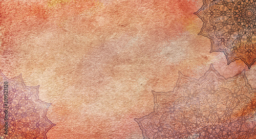 Warm eathy textured watercolor background with mandalas