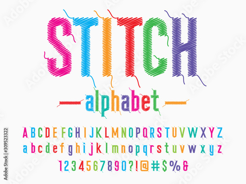Stitched alphabet design with thread, embroidery letters with uppercase, lowercase, numbers and symbol