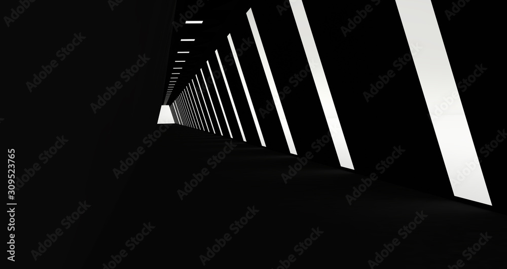 Naklejka premium Empty Long Light Corridor. Modern black background. Futuristic Sci-Fi Triangle Tunnel. 3D Rendering 