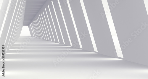  Empty Long Light Corridor. Modern white background. Futuristic Sci-Fi Triangle Tunnel. 3D Rendering 