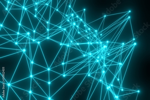 Abstract technology connections in space. Background with structure connecting dots and lines. Big data digital 3d rendering . Computer network Science futuristic blue color on black backdrop.