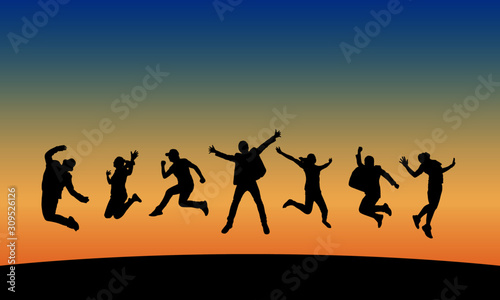Group of people jumping at sunset, vector silhouette.