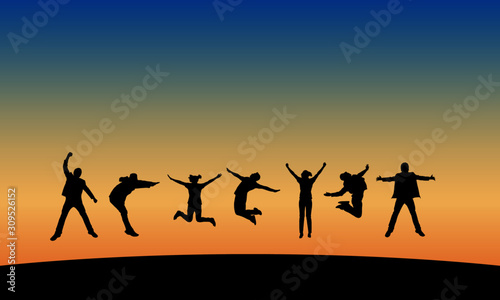 Group of people jumping  at sunset  vector silhouette.