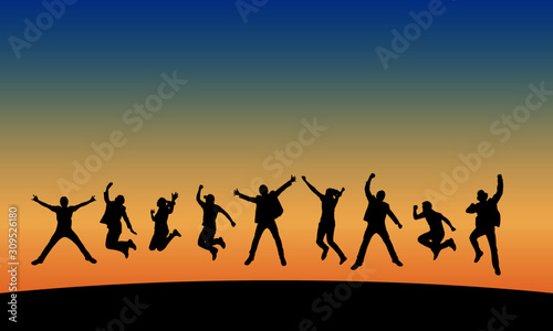 Group of people jumping at sunset, vector silhouette.