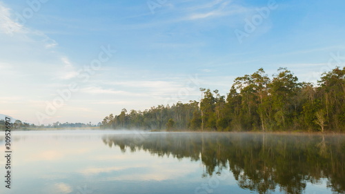 Beautiful nature and fog on the reservoir in Khao Yai National Park Thailand