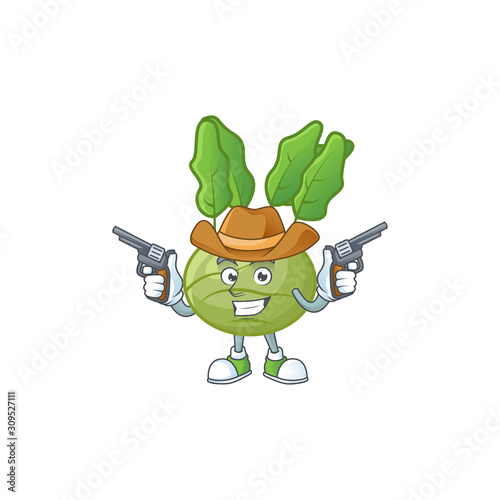Smiling kohlrab mascot icon as a Cowboy holding guns