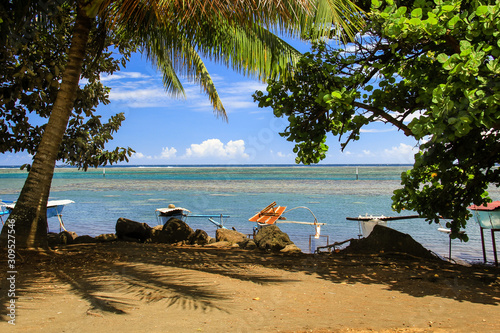 Fototapeta Naklejka Na Ścianę i Meble -  Outrigger canoes along the beach amid palm trees on Venus Point, Tahiti, French Polynesia