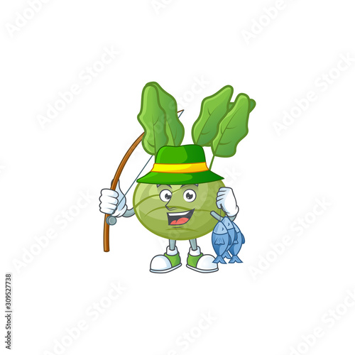 Cheerful face Fishing kohlrab mascot design style