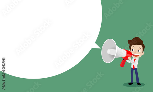 Businessman speaking through megaphone with white speech bubble for your text