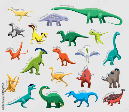 Dinosaur Set Various Kind Identify Cartoon Vector