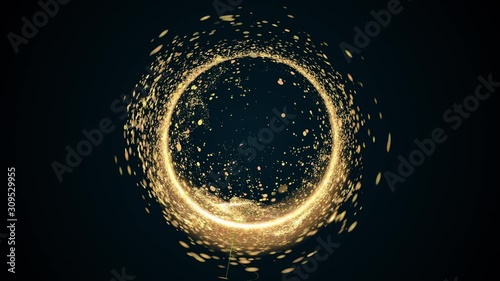 Computer generated abstract background. A chaotic stream of golden round particles and light creates a funnel or spiral. 3D rendering