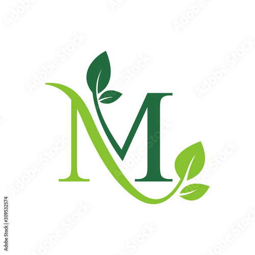 Initial Letter M With Leaf Luxury Logo. Green leaf logo Template vector Design.