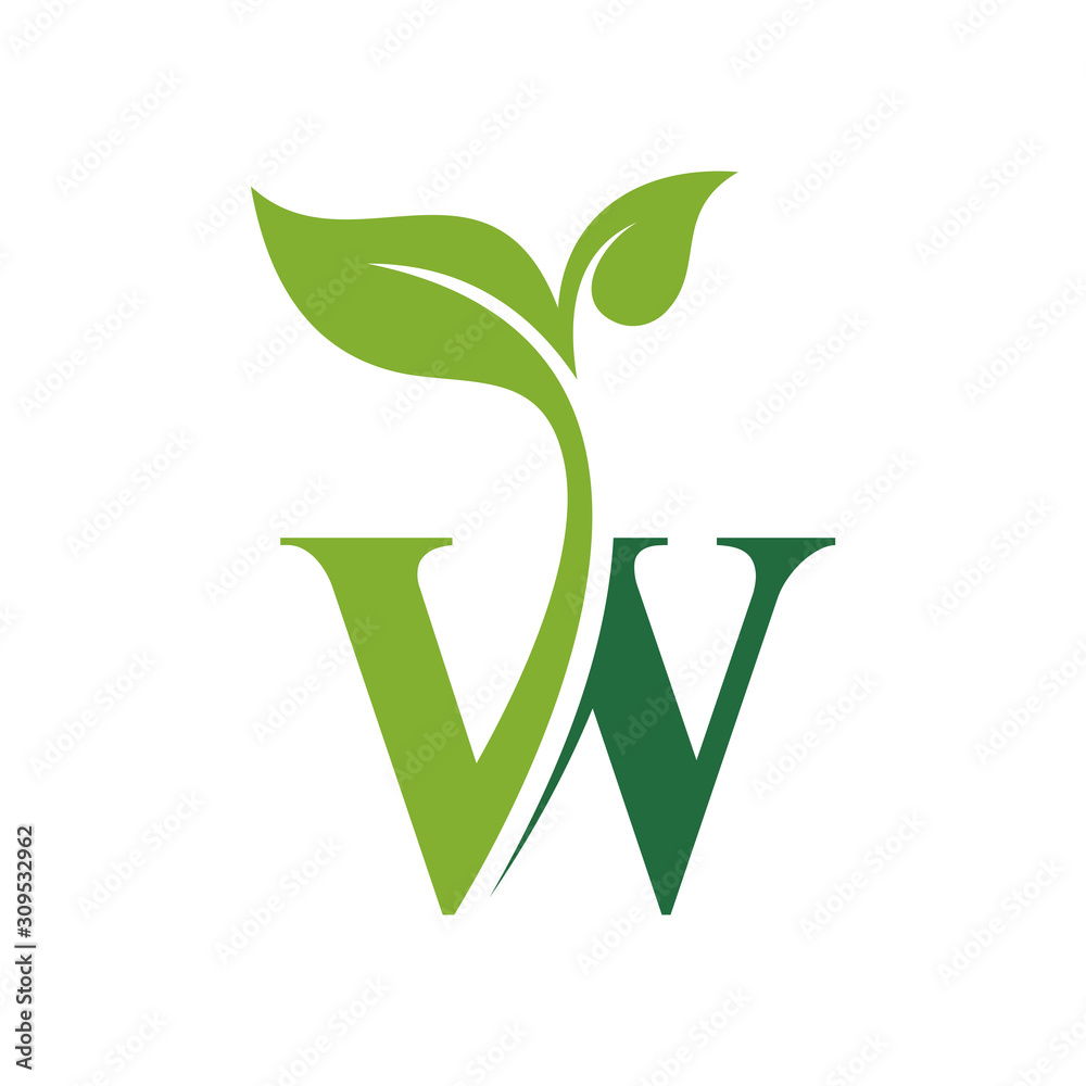 Initial Letter w With Leaf Luxury Logo. Green leaf logo Template vector Design.