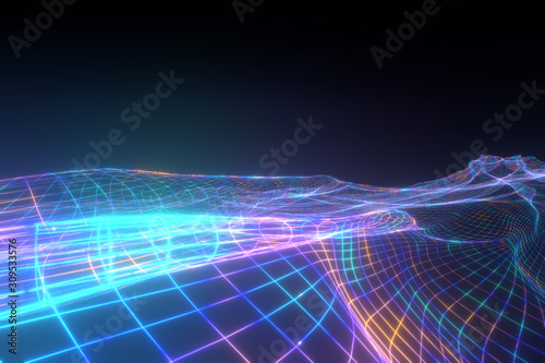 3d rendering abstract wave digital cyber surface technology background . Futuristic sci-fi colorful lines glowing on black background. Blockchain and cryptocurrency marketing cashless concept.