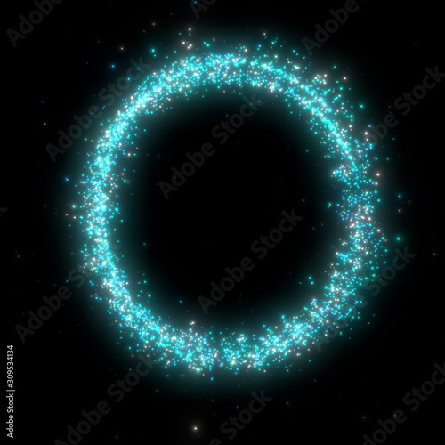 3d rendering illustration .Circle bright light Futuristic sci-fi glitter star dust with particle shiny glowing on black background. 3d image .High resolution .Banner for advertisement