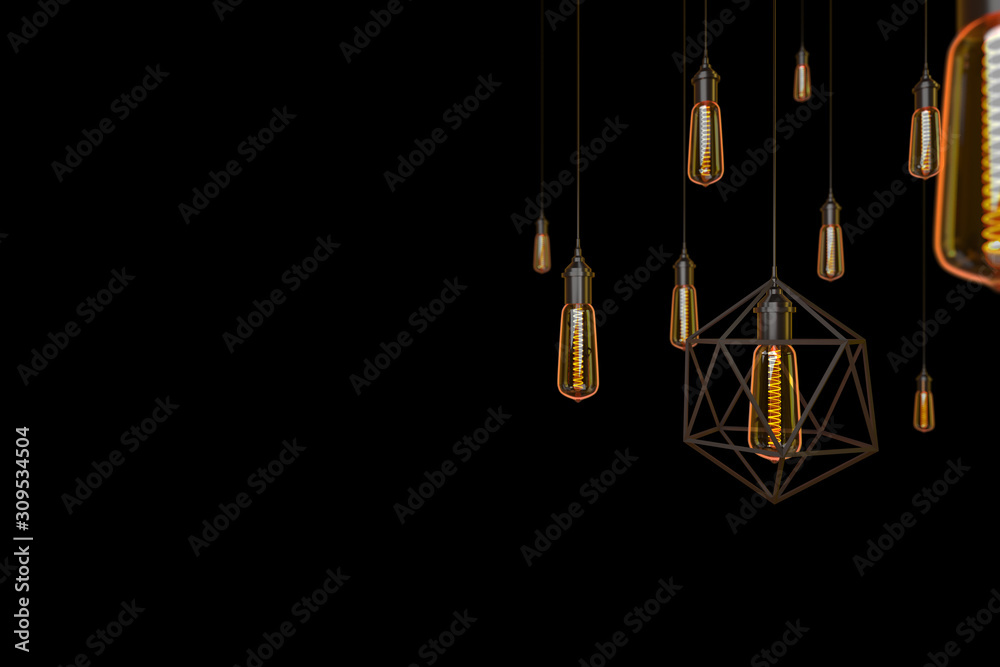 3d rendering illustration .Set of realistic edison light bulb.Vintage electric lamps glowing light bulbs isolated on black .Interior decoration elements and business idea creative thinking concept 3d rendering illustration .Set of realistic edison light bulb.Vintage electric lamps glowing light bulbs isolated on black .Interior decoration elements and business idea creative thinking concept