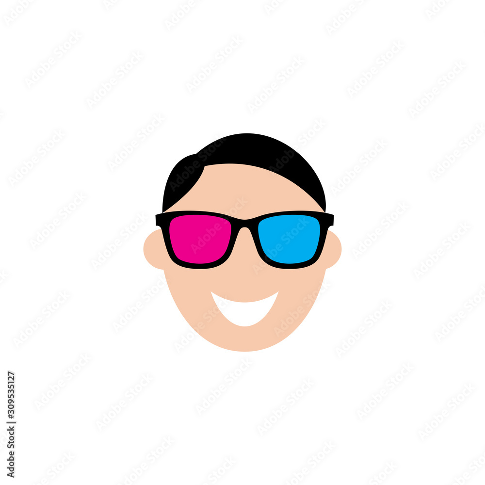 Handsome man using 3d sunglasses in flat icon Handsome man using 3d sunglasses in flat icon
