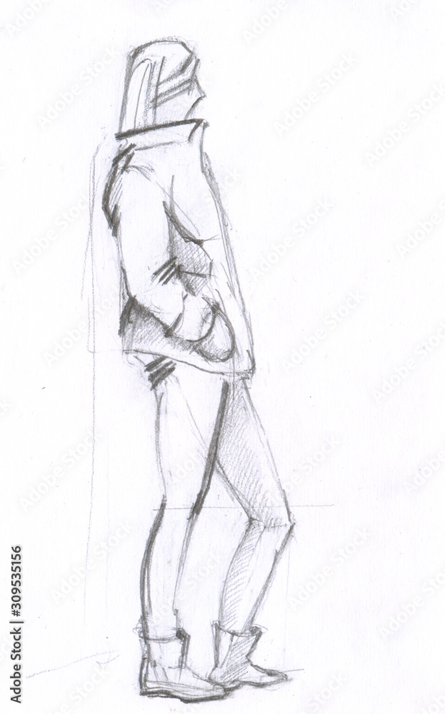 Sketch of a teenager leaning against the wall Sketch of a teenager leaning against the wall