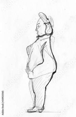 Sketch of fat woman in profile