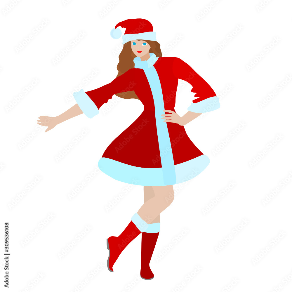 girl in a red dress with a fur trim and a Santa hat, color Christmas clip-art on a white isolated background girl in a red dress with a fur trim and a Santa hat, color Christmas clip-art on a white isolated background